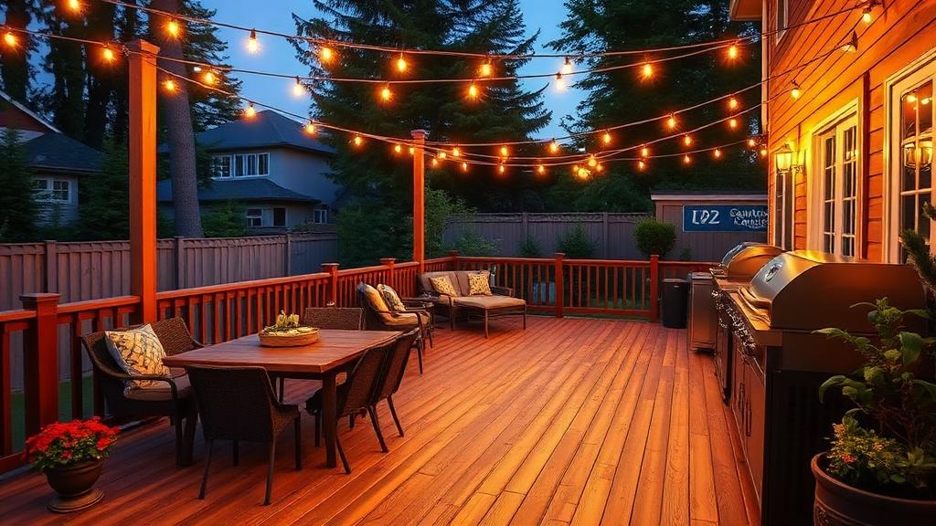 Terrasse en bois avec des feuilles d'automne et des meubles de jardin
