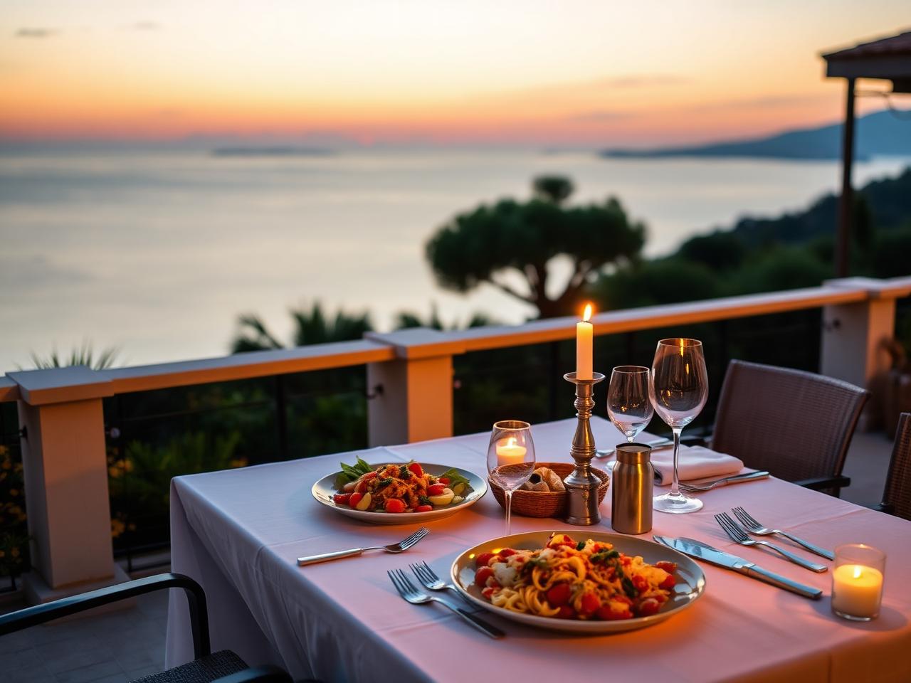 Tavolo apparecchiato sulla terrazza di una villa al crepuscolo