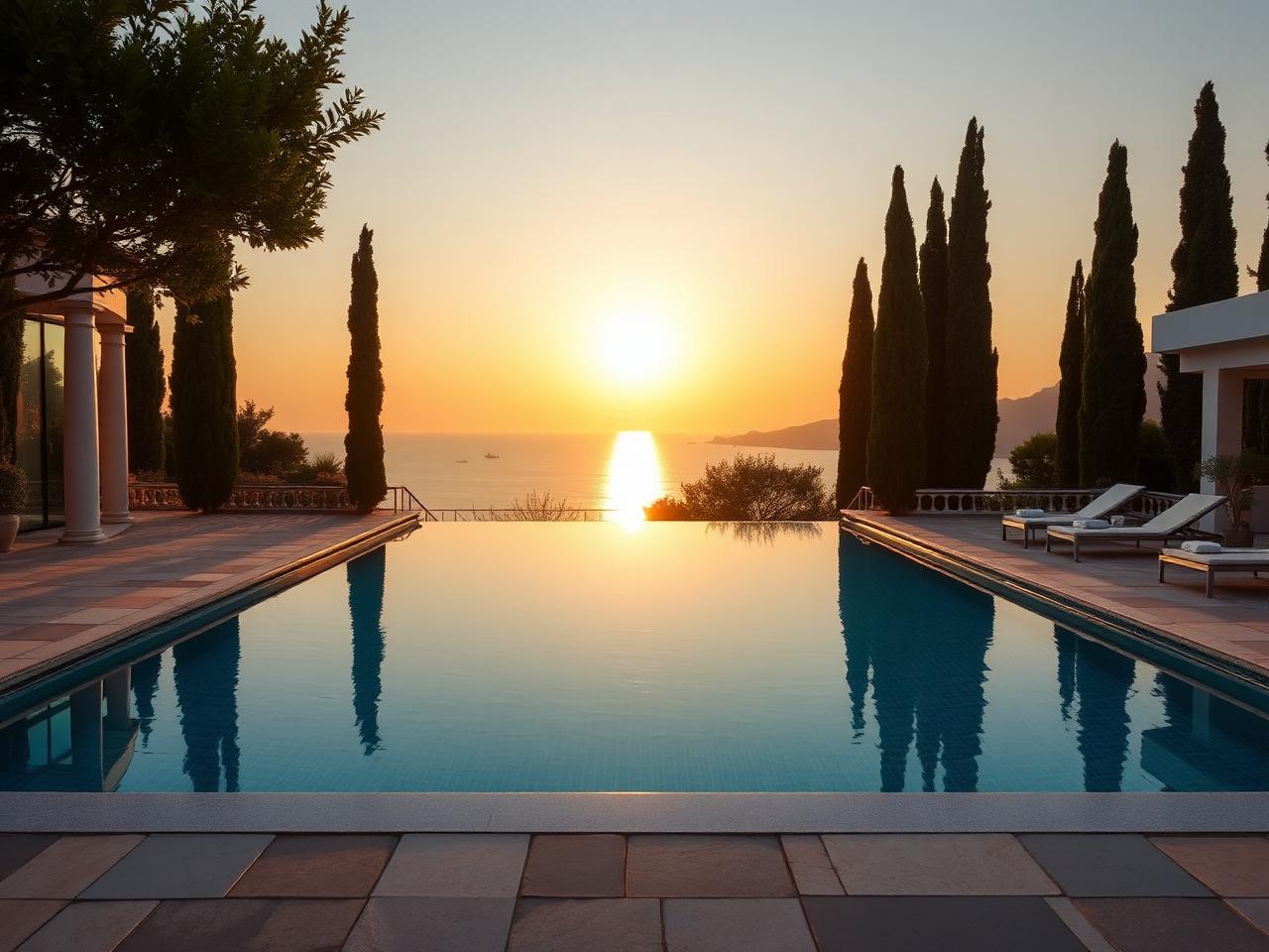 Piscina a sfioro riscaldata di una villa italiana al tramonto con vista sul Mediterraneo